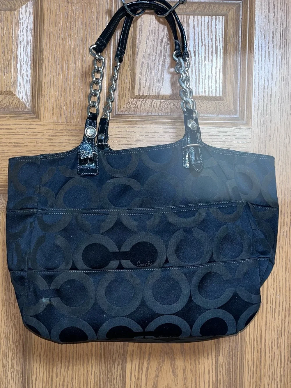 Coach Black Signature Canvas Satchel with Silver-Tone Chain Handles & Wallet